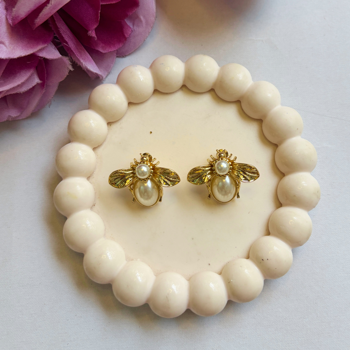 Honey Bee Pearl Stud Earrings