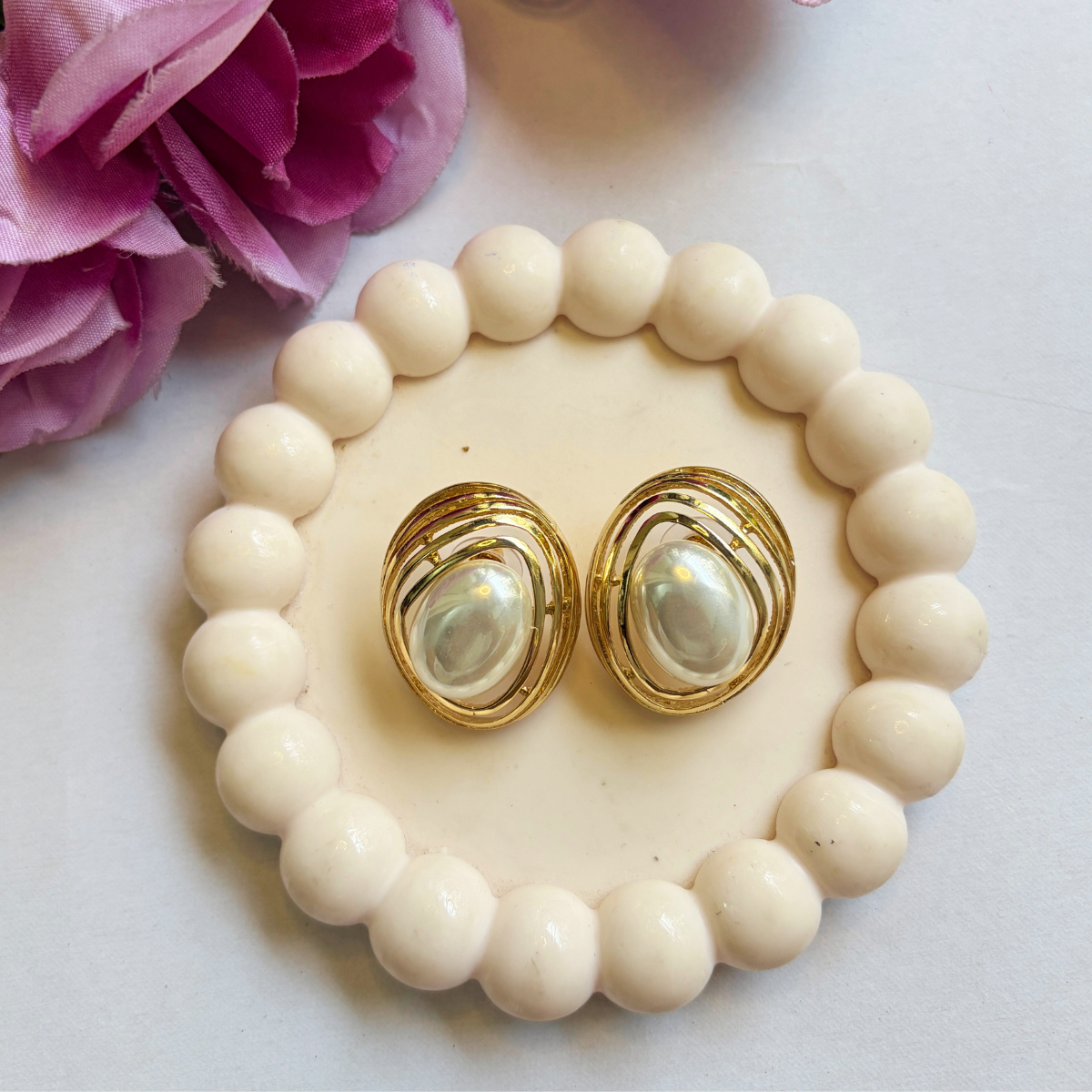 Aria Gold Pearl Stud Earrings