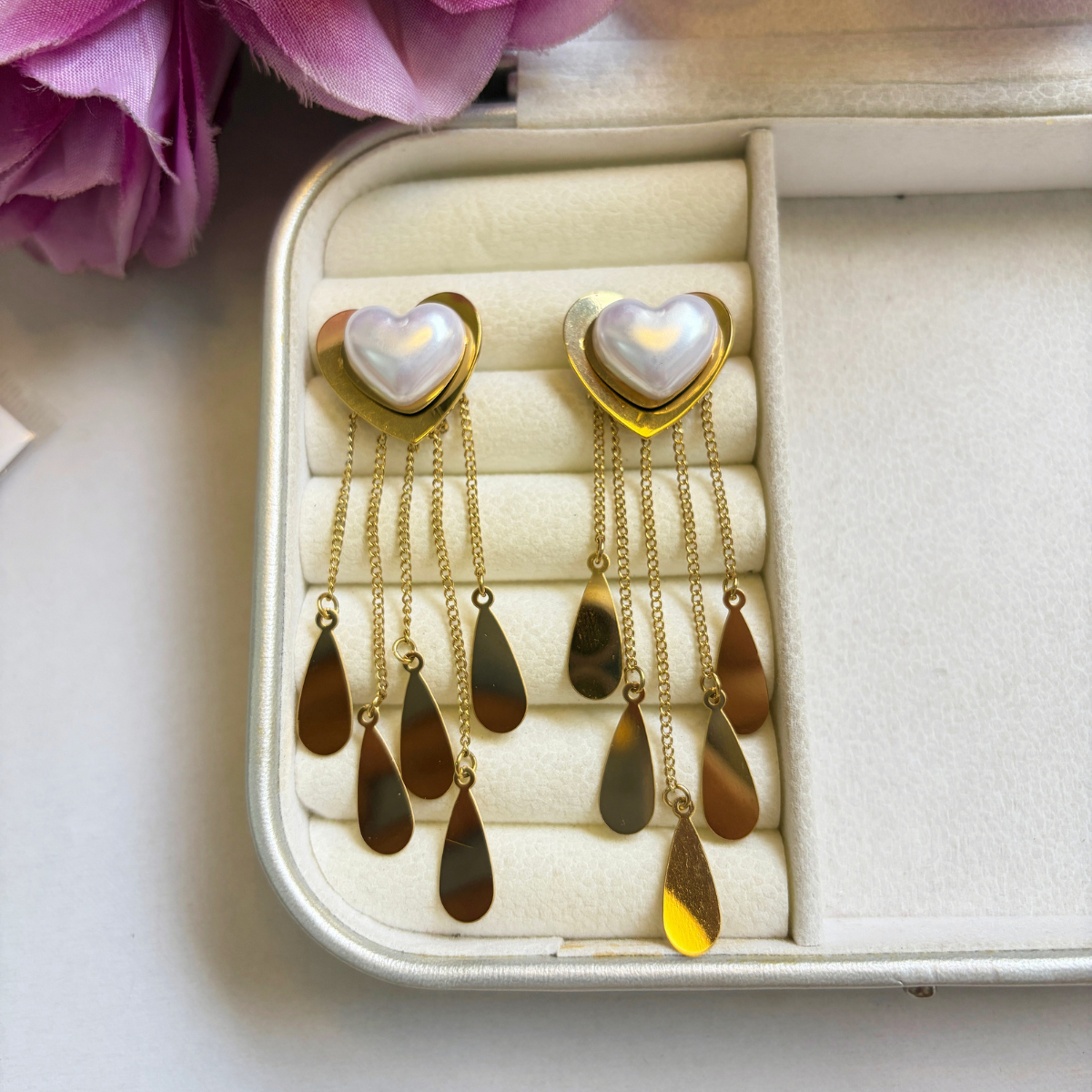 Heart Pearl Dangler Earrings